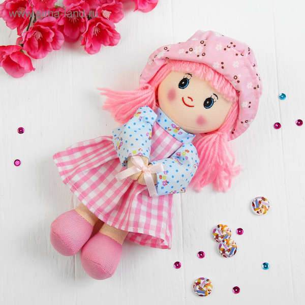 Мягкая игрушка кукла с присоской "Девочка" панамка в горошек