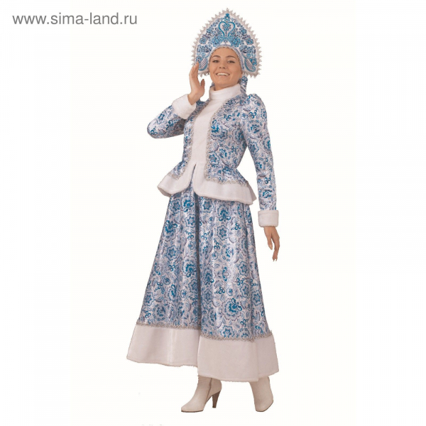 Карнавальный костюм "Снегурочка Гжель" (кафтан,длинная юбка,кокошник)р.50