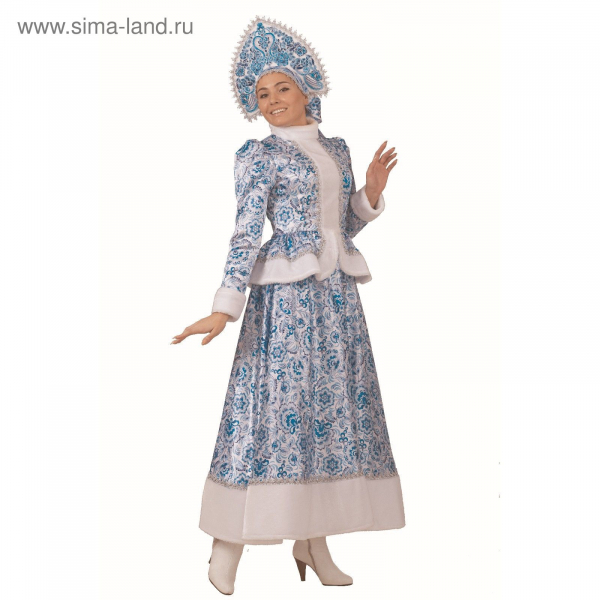 Карнавальный костюм "Снегурочка Гжель" (кафтан,длинная юбка,кокошник)р.50